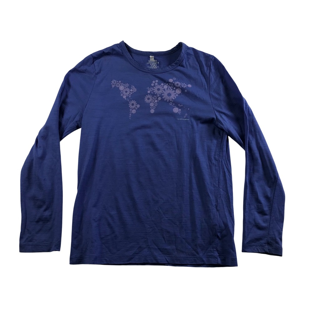 Icebreaker Merino Wool 150 Ultralite Long Sleeve Floral Map Top Blue Kids 11-12